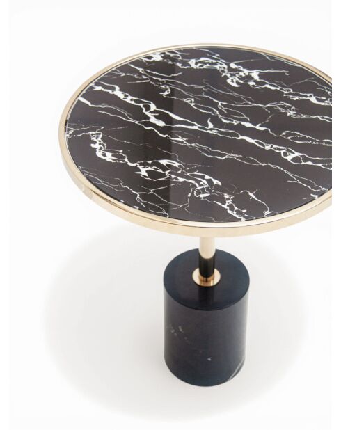 Mesa con pedestal de acero inoxidable, mármol y cristal negro - 46x46x53 cm