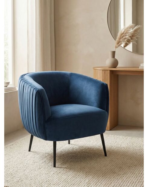 Poltrona effetto plissettato in velluto blu ardesia - 77x80x74 cm
