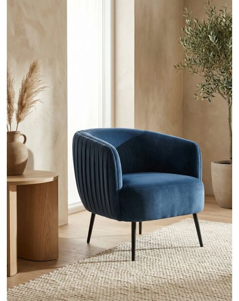 Poltrona effetto plissettato in velluto blu ardesia - 77x80x74 cm