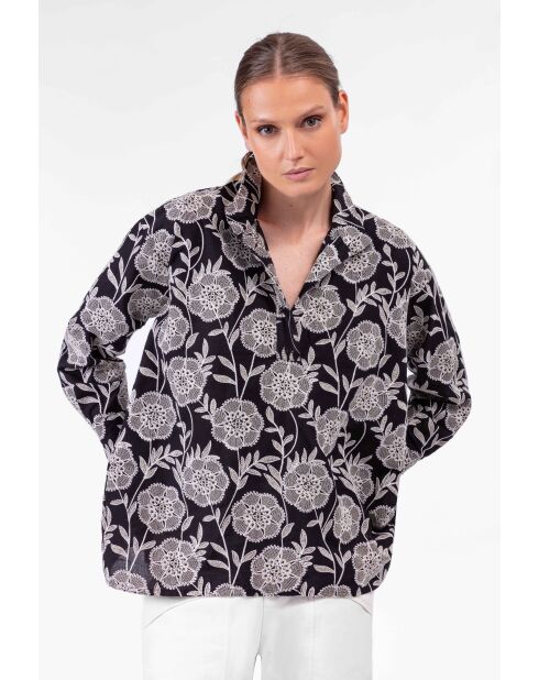 Lyse zwart/beige katoenen blouse