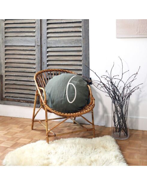 Grünes rundes Leinenkissen mit Siebdruck, 63 cm