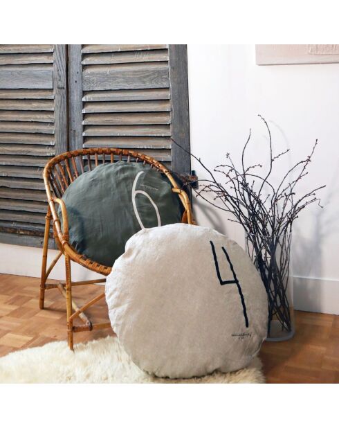 Grünes rundes Leinenkissen mit Siebdruck, 63 cm