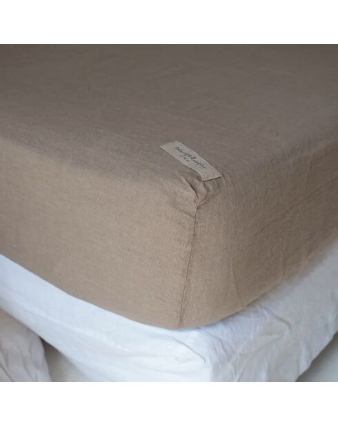 Drap housse en lin lavé amande - 90x200 cm