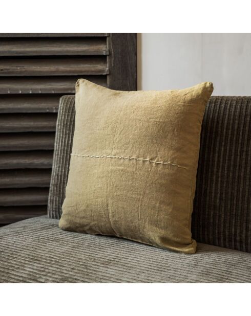 Linnen kussen met handgemaakt geel borduursel - 35x35 cm