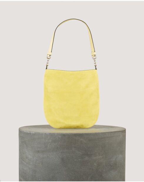 Evelyne Hobo Flache Tasche aus zitronenfarbenem Veloursleder -25x31x3cm