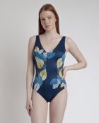 Blauw badpak uit één stuk met bladgoud