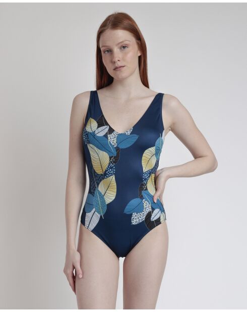 Blauw badpak uit één stuk met bladgoud