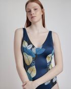 Blauw badpak uit één stuk met bladgoud