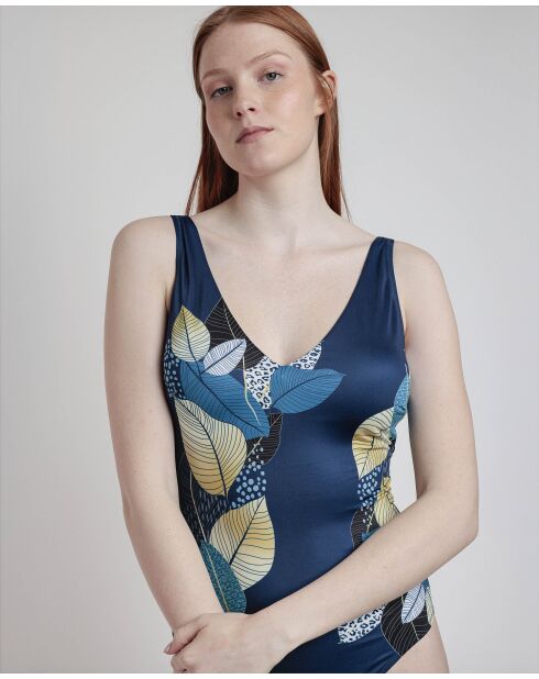 Blauw badpak uit één stuk met bladgoud