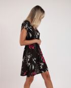 Bruine jurk in A-stijl met zwarte achtergrondprint