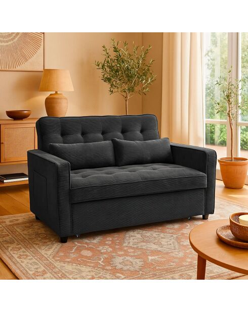 Divano letto Komaria nero a 2 posti in velluto a coste - 133x94x87 cm