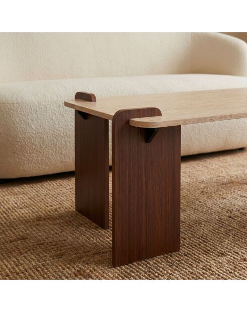 Cezanne Art Deco Design-Couchtisch mit beigem Travertin-Effekt und dunklem Holz - 120x60x45 cm