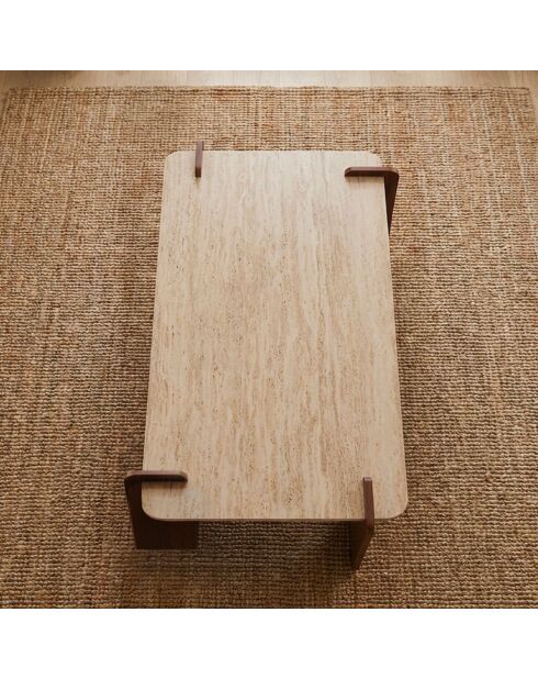 Cezanne Art Deco Design-Couchtisch mit beigem Travertin-Effekt und dunklem Holz - 120x60x45 cm