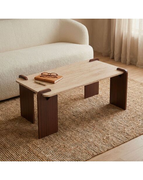 Cezanne Art Deco Design-Couchtisch mit beigem Travertin-Effekt und dunklem Holz - 120x60x45 cm