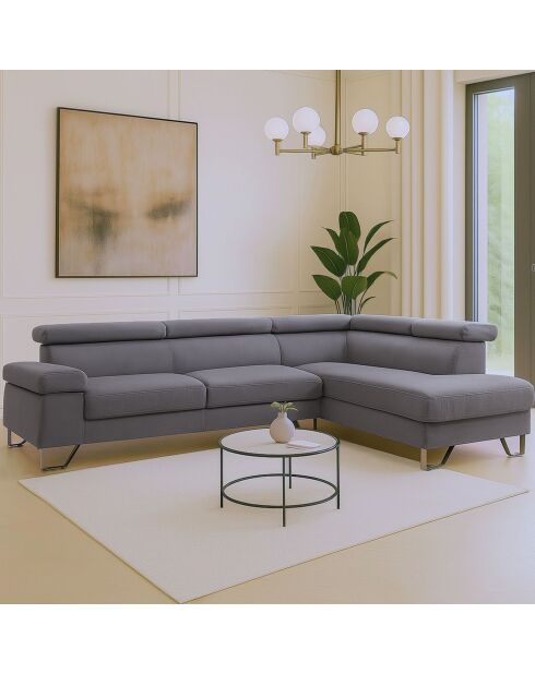 Donkergrijze hoekbank Quentin met opklapbare fluwelen hoofdsteunen - 260x180x72 cm