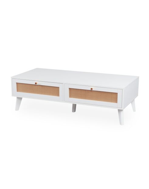 Table basse 2 tiroirs avec cannage Dalgora blanche - 120x55x40 cm