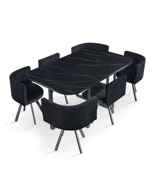Ensemble Table & 6 chaises Oslo XL effet marbre et velours noir - 150x90x75 cm