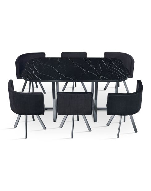 Ensemble Table & 6 chaises Oslo XL effet marbre et velours noir - 150x90x75 cm