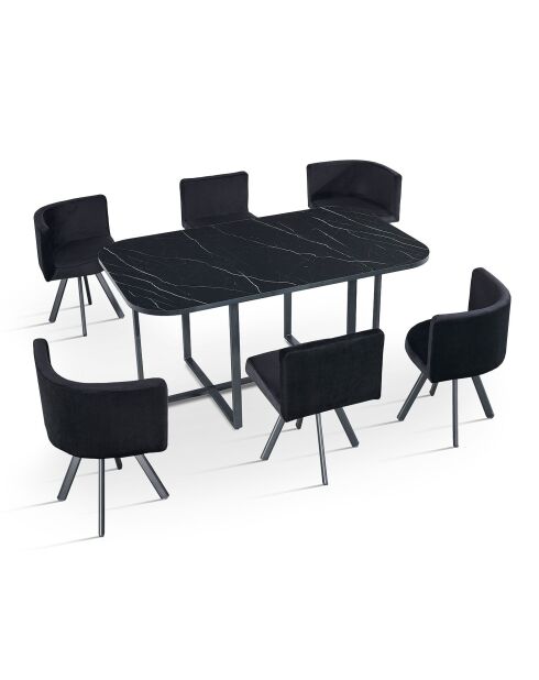 Ensemble Table & 6 chaises Oslo XL effet marbre et velours noir - 150x90x75 cm
