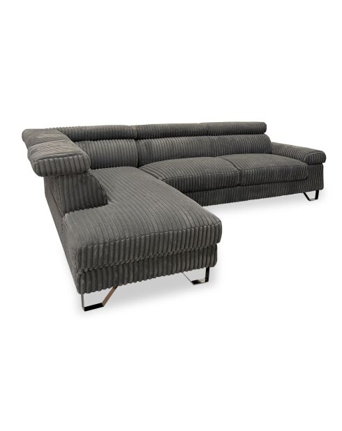 Linkes Ecksofa mit ausziehbaren Kopfstützen aus grauem Quentin-Kord - 260x180x72 cm