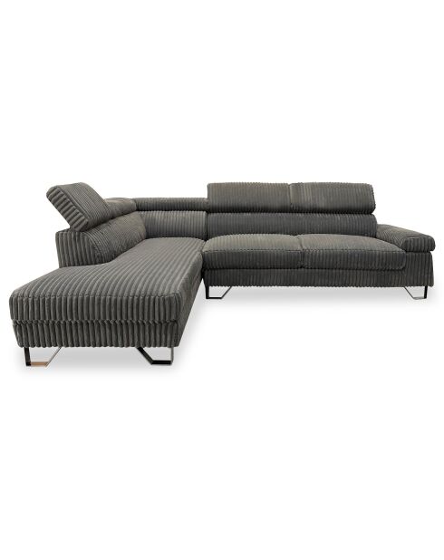 Linkes Ecksofa mit ausziehbaren Kopfstützen aus grauem Quentin-Kord - 260x180x72 cm