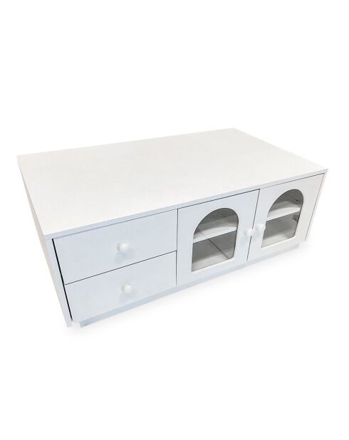 Tavolino con ante e cassetti stile natural chic Volos bianco strutturato - 100x60x39 cm