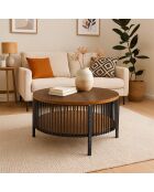 Mesita redonda con almacenamiento en madera de cúrcuma y metal jaspeado negro - 84x84x41,5 cm