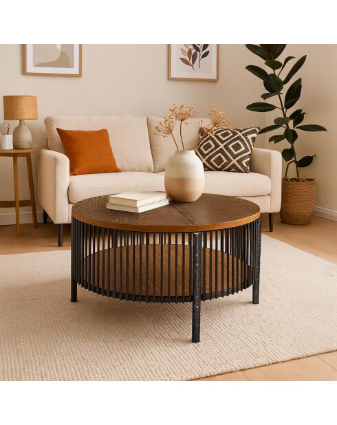 Mesita redonda con almacenamiento en madera de cúrcuma y metal jaspeado negro - 84x84x41,5 cm