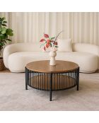 Mesita redonda con almacenamiento en madera de cúrcuma y metal jaspeado negro - 84x84x41,5 cm