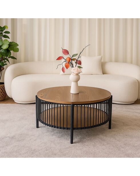 Mesita redonda con almacenamiento en madera de cúrcuma y metal jaspeado negro - 84x84x41,5 cm