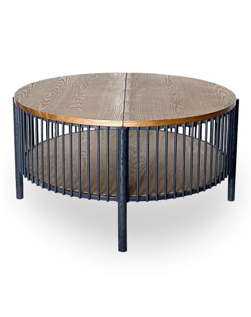 Mesita redonda con almacenamiento en madera de cúrcuma y metal jaspeado negro - 84x84x41,5 cm