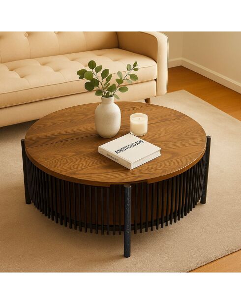 Mesita redonda con almacenamiento en madera de cúrcuma y metal jaspeado negro - 84x84x41,5 cm