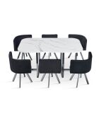 Oslo XL-Tisch- und 6-Stuhl-Set mit weißem Marmoreffekt und schwarzem Samt — 150 x 90 x 75 cm