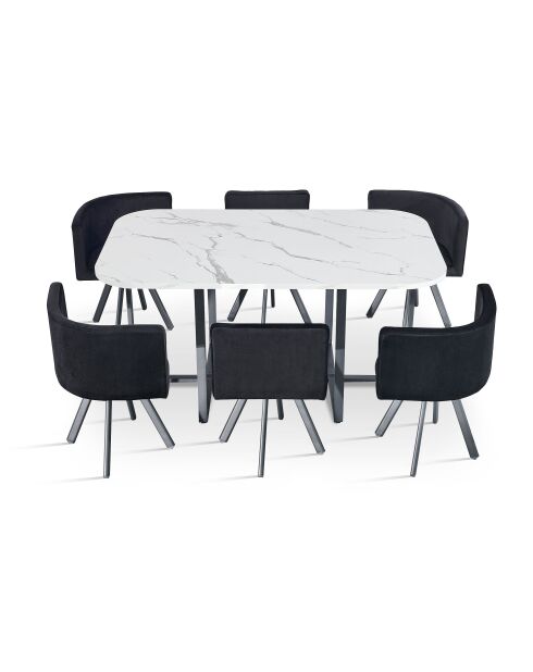 Ensemble Table & 6 chaises Oslo XL effet marbre blanc et velours noir - 150x90x75 cm