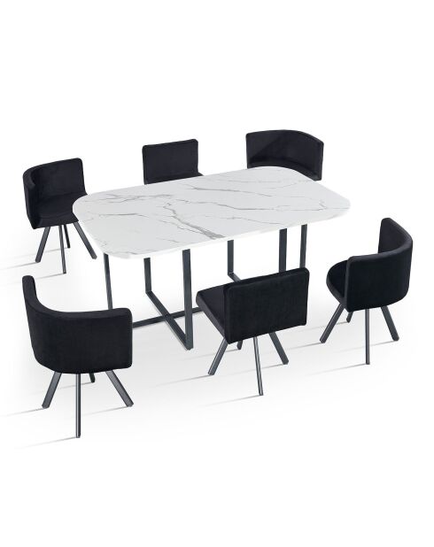 Ensemble Table & 6 chaises Oslo XL effet marbre blanc et velours noir - 150x90x75 cm
