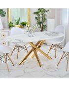 Tavolo ovale Rusking con effetto marmo bianco e gambe incrociate in metallo dorato - 180x90x75 cm
