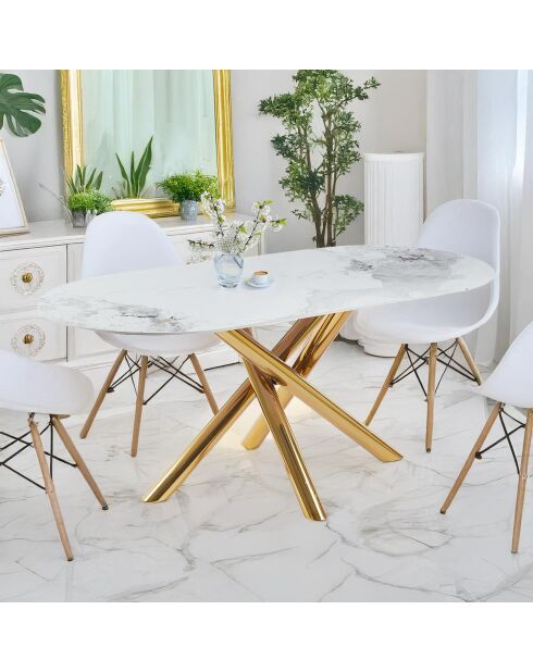 Ovaler Tisch mit weißem Marmoreffekt und gekreuzten Beinen aus goldfarbenem Metall - 180x90x75 cm