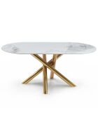 Tavolo ovale Rusking con effetto marmo bianco e gambe incrociate in metallo dorato - 180x90x75 cm