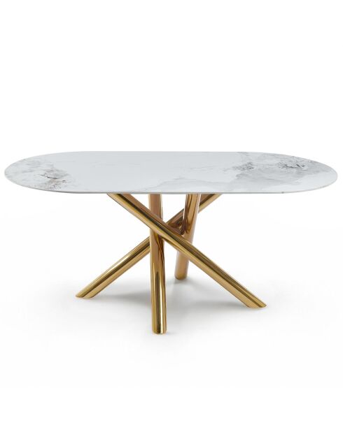 Ovaler Tisch mit weißem Marmoreffekt und gekreuzten Beinen aus goldfarbenem Metall - 180x90x75 cm