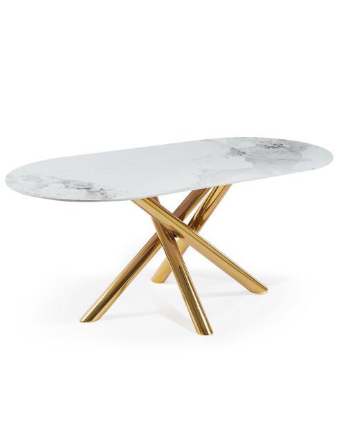 Ovaler Tisch mit weißem Marmoreffekt und gekreuzten Beinen aus goldfarbenem Metall - 180x90x75 cm