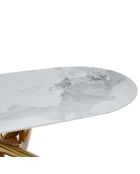 Tavolo ovale Rusking con effetto marmo bianco e gambe incrociate in metallo dorato - 180x90x75 cm