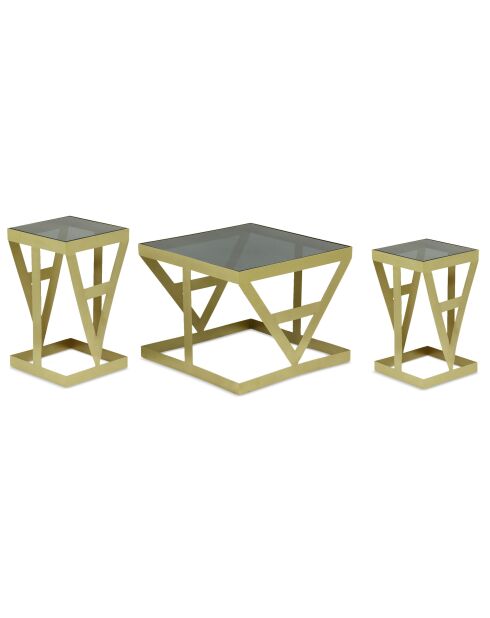 3 tavolini Amstra in vetro fumé e metallo dorato