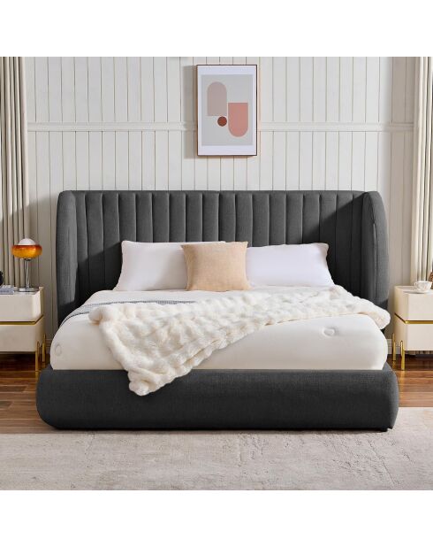 Cama completa con cabecera modular, capullo, tela gris oscuro - 276x219x110 cm