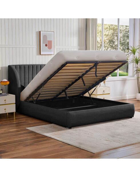 Cama completa con cabecera modular, capullo, tela gris oscuro - 276x219x110 cm