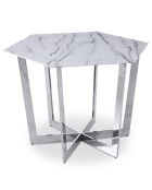 Sechseckiger Tisch Zadig mit weißem Glas in Marmoreffekt und silbernem Metallsockel - 120x120x75 cm