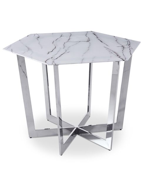 Sechseckiger Tisch Zadig mit weißem Glas in Marmoreffekt und silbernem Metallsockel - 120x120x75 cm