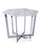 Sechseckiger Tisch Zadig mit weißem Glas in Marmoreffekt und silbernem Metallsockel - 120x120x75 cm