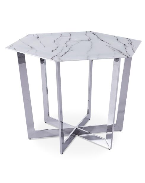 Sechseckiger Tisch Zadig mit weißem Glas in Marmoreffekt und silbernem Metallsockel - 120x120x75 cm