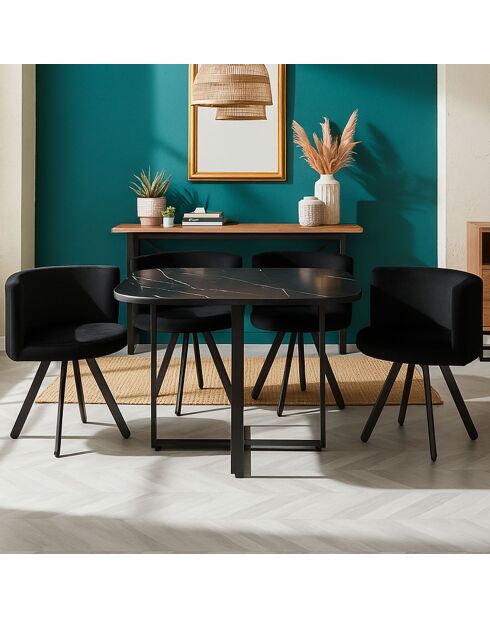 Ensemble Table &  4 chaises Oslo effet marbre et velours noir - 90x90x75 cm