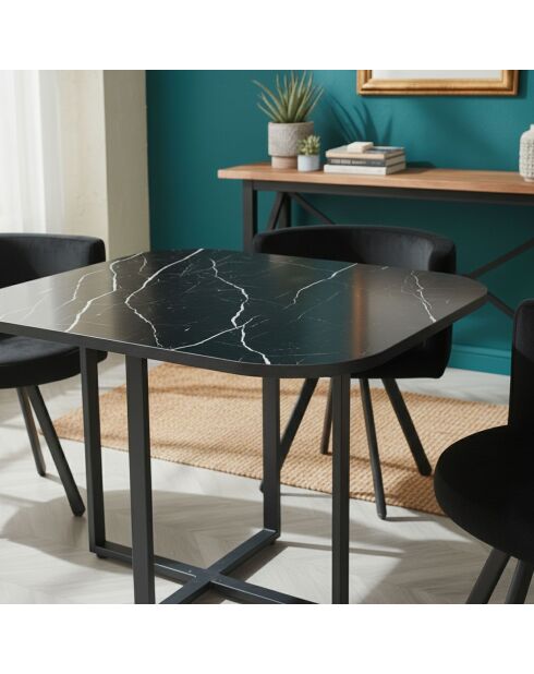 Ensemble Table &  4 chaises Oslo effet marbre et velours noir - 90x90x75 cm